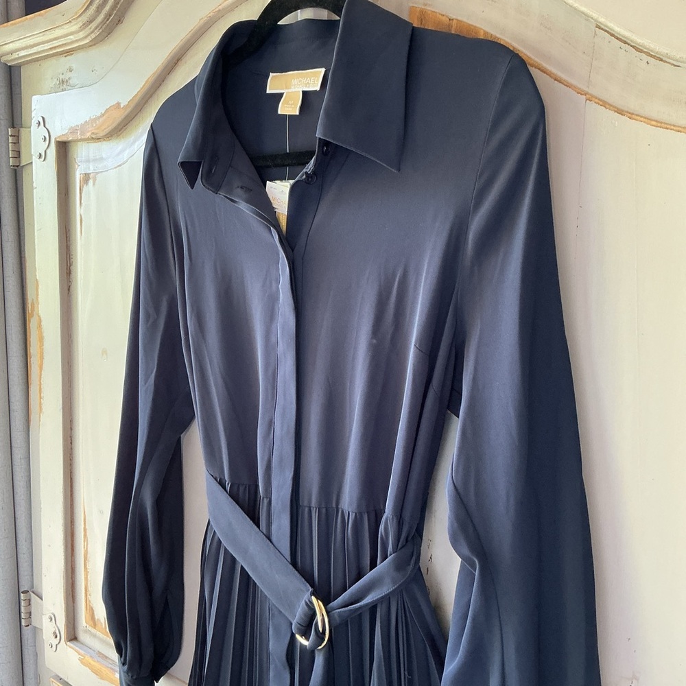 NWT Michael Kors | Navy Pleated Shirt Dress Belted Long Sleeve Capsule Wardrobe - Picture 5 of 10